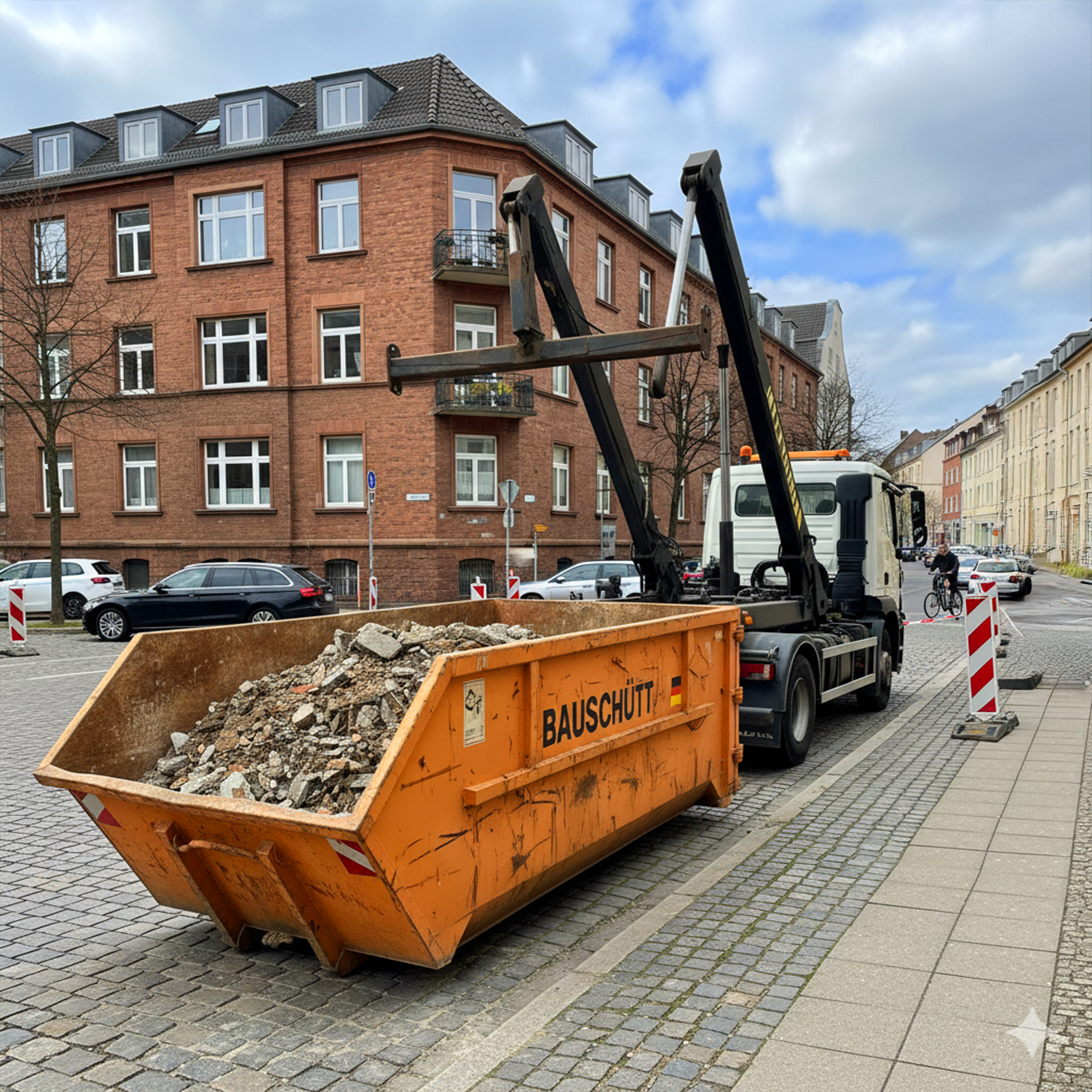 Lkw hebt orangefarbenen Bauschutt-Container voller Bauschutt in einer Wohnstraße mit roten Backsteinhäusern an